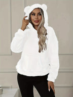 Bear Ear Pocket Plush Hoodie, Casual Long Sleeve Hooded Sweatshirt, Women'S Clothing - White