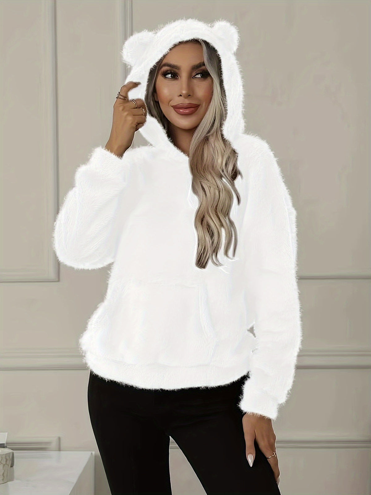 Bear Ear Pocket Plush Hoodie, Casual Long Sleeve Hooded Sweatshirt, Women'S Clothing - White