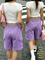 Easy Heart Print Cargo Shorts 2pcs Set, High-Waist Drawstring Bermuda Cut Shaping Leg Line, Dual-Side Utility Pockets Aesthetic And Practical, Soft Skin-Friendly Fabric Comfortable for Long Wear, Daily Commute, Stroll, Date Versatile - Purple + Purple