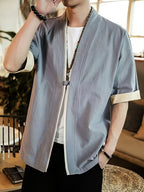 New Chinese Style Open Collar And Mid Sleeve Men'S Shirt with Easy One Grain Buckle, Comfortable Linen Blend Breathable Men'S T-Shirt, Casual Shirt - Grey