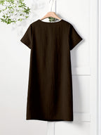 Women's Short-Sleeve Dress with Functional Pockets - Straight-Cut -Line Mid-Length Dress, Loose Fit Round Neck Short Sleeve Dress Suitable for Spring Summer Fall, Casual to Semi-Formal Wear, Machine Washable Solid Color Dress - Dark Brown