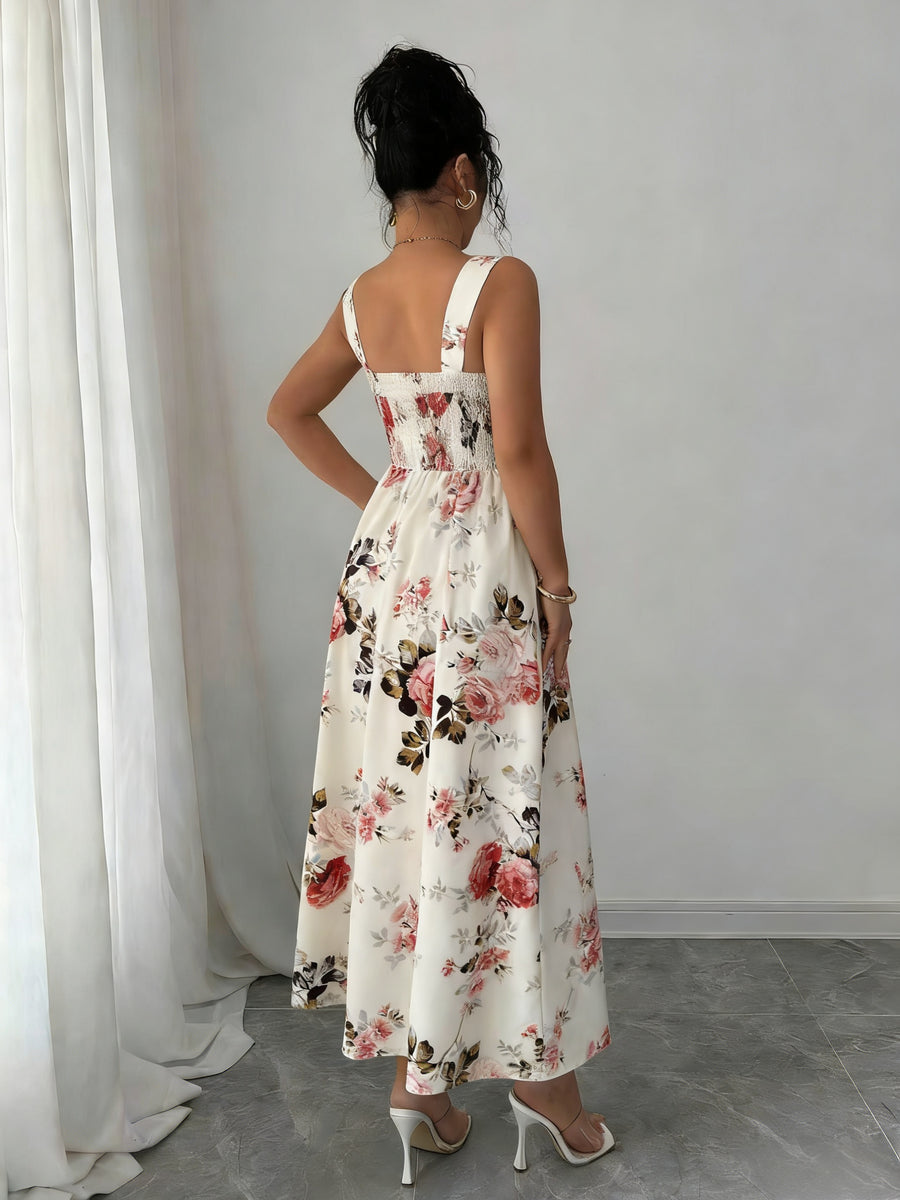 Women's Vintage Square Neck White Floral Print Camisole Dress, Featuring a Effect, Vintage Elegant Vacation Style, Suitable for Summer Dates and Casual Wear in Spring and Summer. Machine Washable - Off-white