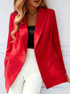 Fashion Women'S Elegant Suit Jacket Trendy Solid Color Lapel Double-Breasted Blazer - Red