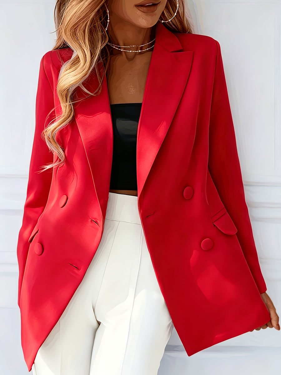 Fashion Women'S Elegant Suit Jacket Trendy Solid Color Lapel Double-Breasted Blazer - Red