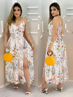 Casual Elegant Chic Bohemian V-Neck Print Dress for Women, Suspender Waist-Cinching Split Slim-Fit Vacation Party Outing Long Dress, Summer Fashion Ladies Polka Dot Print Thin Strap Split Long Dress - Mixed colors