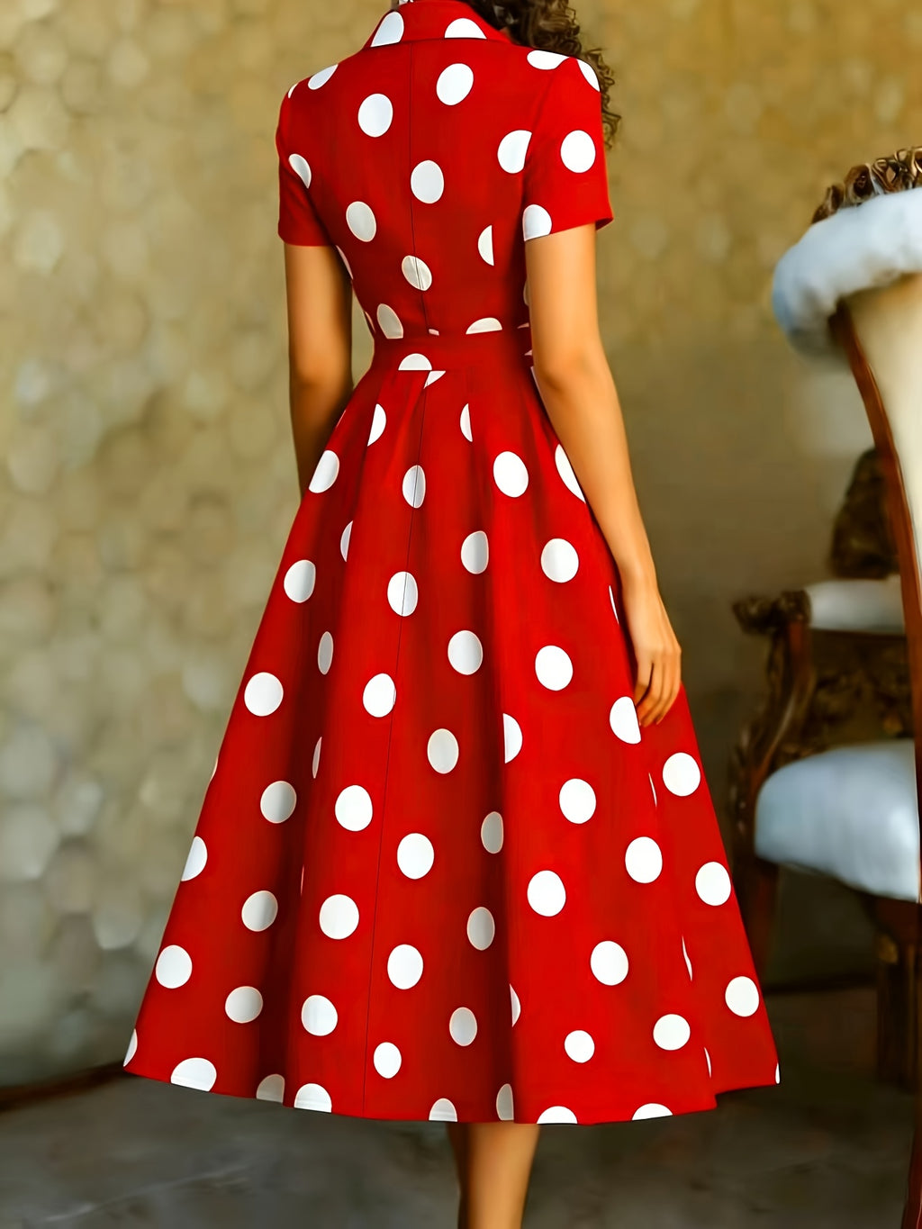 2026 Mid-Length Dress, Short Sleeve, Cape Neckline, Polka Dot Pattern, Button-Up Design, French Retro Style, White - Red