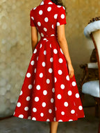 2026 Mid-Length Dress, Short Sleeve, Cape Neckline, Polka Dot Pattern, Button-Up Design, French Retro Style, White - Red
