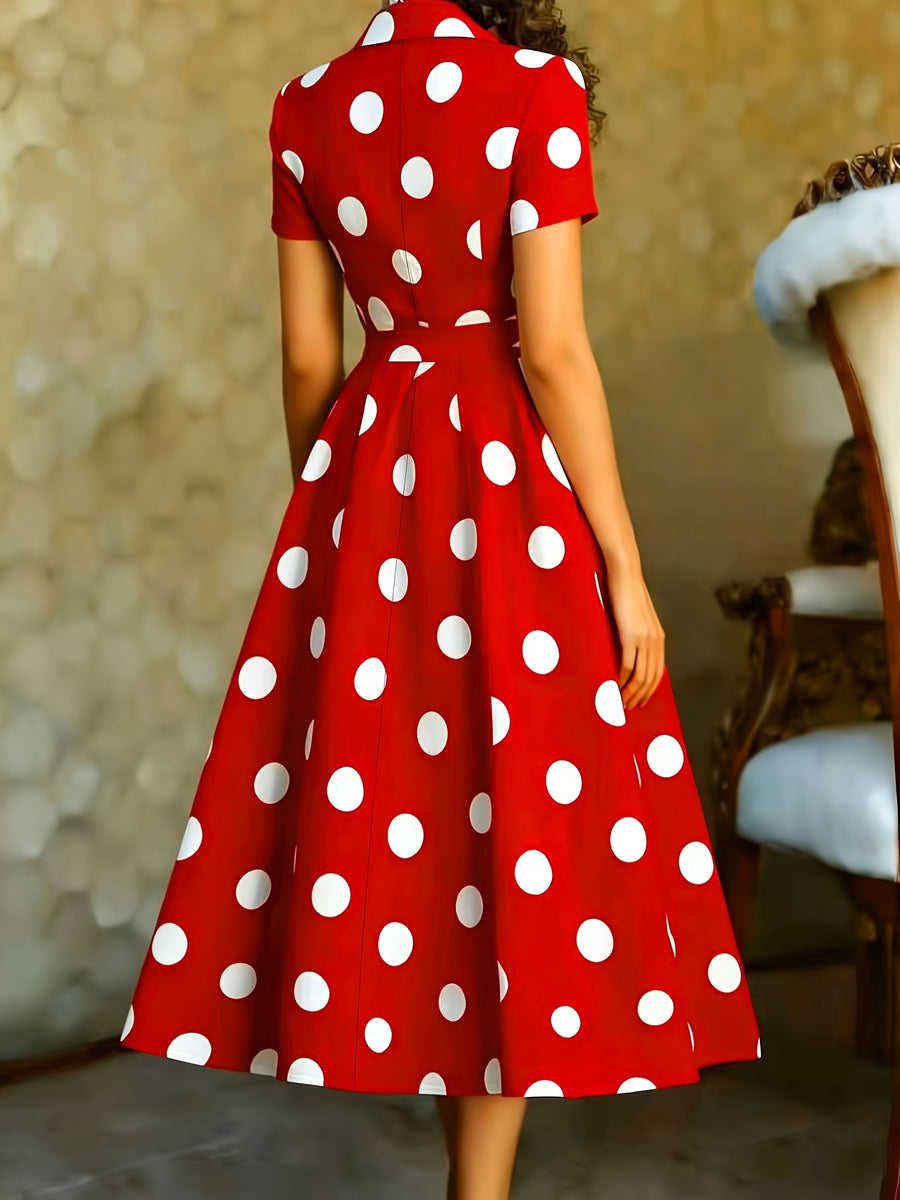 2026 Mid-Length Dress, Short Sleeve, Cape Neckline, Polka Dot Pattern, Button-Up Design, French Retro Style, White - Red