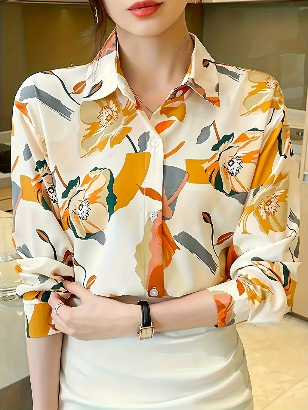 Women Floral Print Casual Button Up Long Sleeve Shirt - Mixed colors