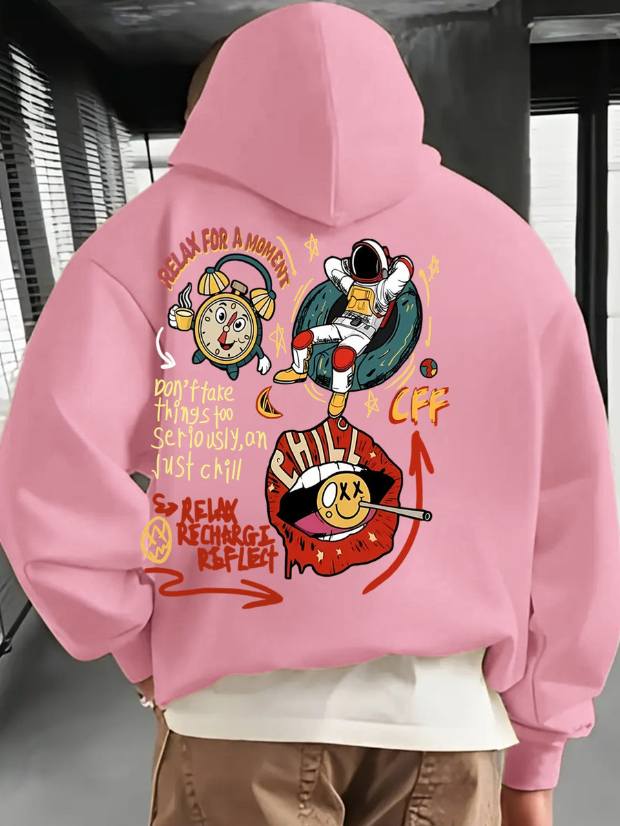 Men'S Fashion Hoodie, Loose Fit Casual Top, Print with "Astronaut" Lettering Print Pattern, Long-Sleeved Sweatshirt with Kangaroo Pocket, Casual Polyester Knit Fabric, Machine Washable Suitable for Outdoor Leisure Wear - Light Pink Color
