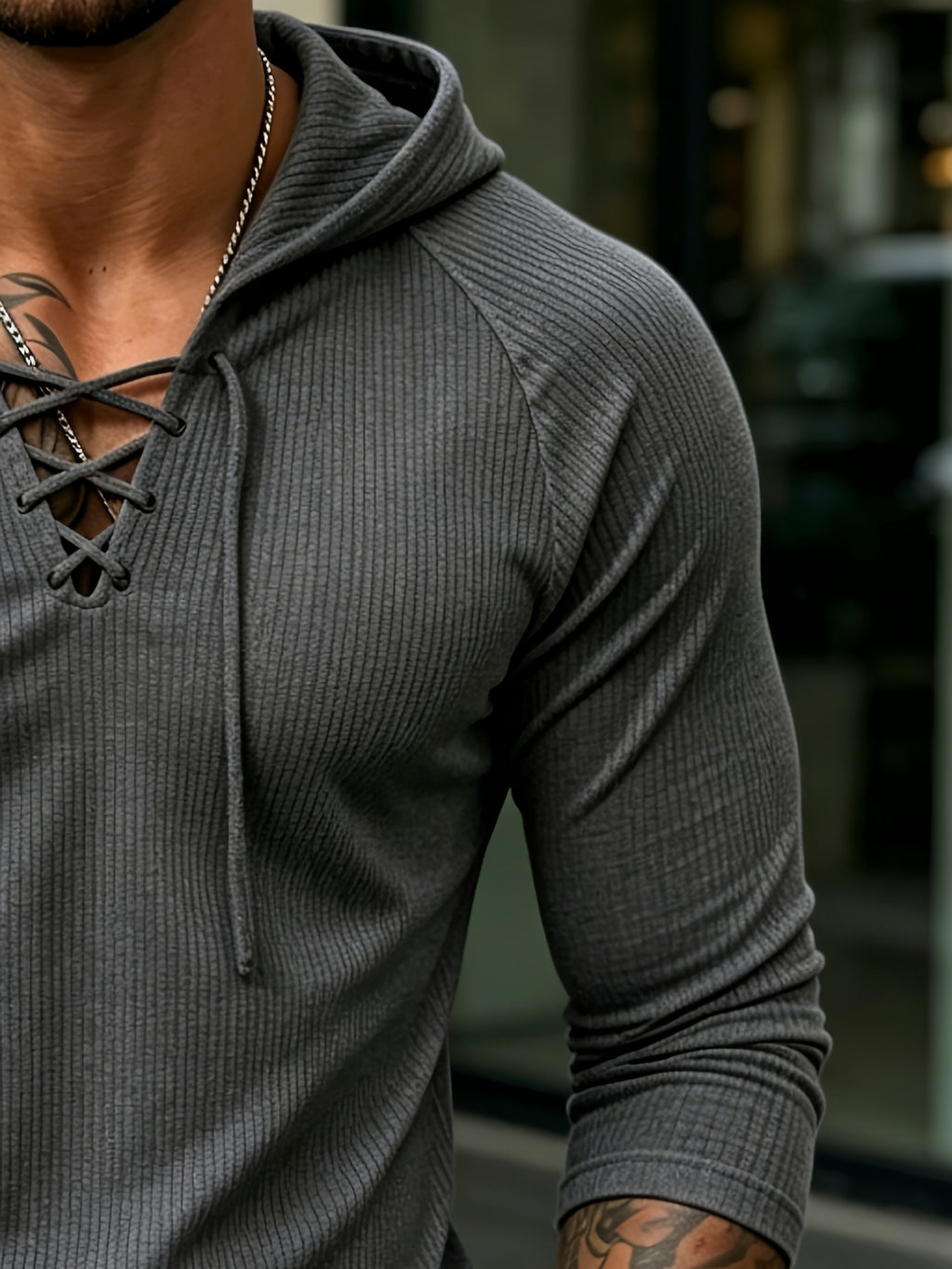 Joshmei OBM Vintage New York Street Style Men's White Textured Hooded Long-Sleeve T-Shirt with V-Neck and Cross-Strap Design, Niche Trendy Versatile Stretch Hoodie for Streetwear - Dark Gray