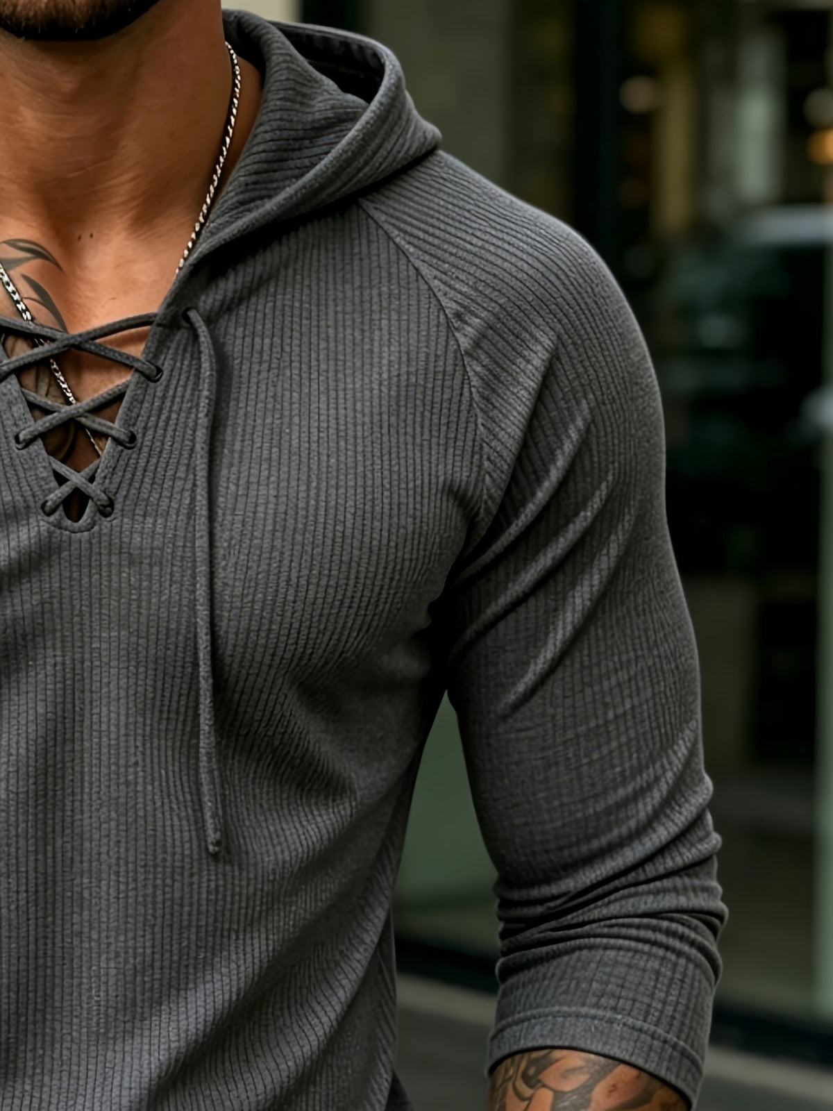 Joshmei OBM Vintage New York Street Style Men's White Textured Hooded Long-Sleeve T-Shirt with V-Neck and Cross-Strap Design, Niche Trendy Versatile Stretch Hoodie for Streetwear - Dark Gray