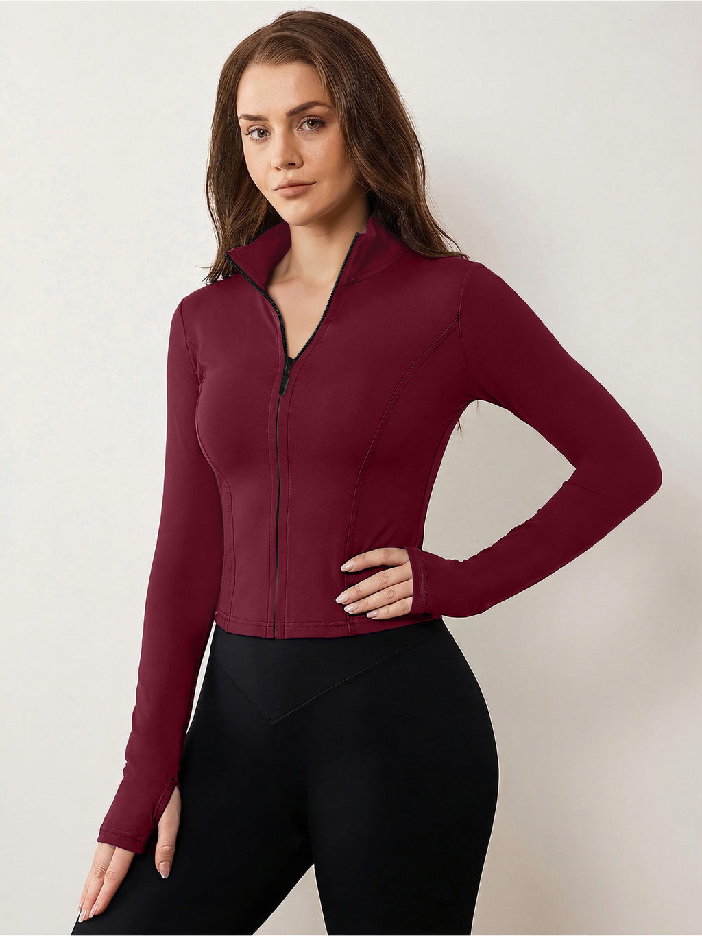 Stand-Up Collar Zipper Jacket Women'S Slim Fit High-Elastic Suit Long-Sleeved Thumb Buckle Top - Burgundy