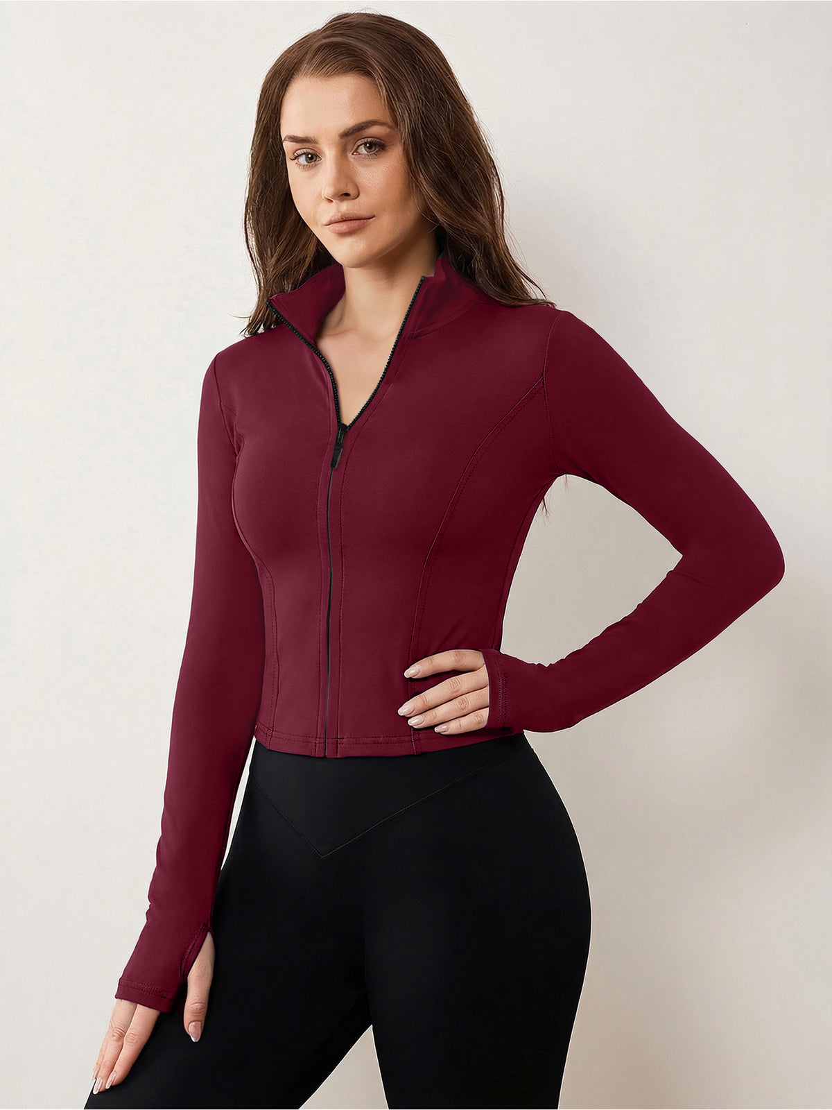 Stand-Up Collar Zipper Jacket Women'S Slim Fit High-Elastic Suit Long-Sleeved Thumb Buckle Top - Burgundy