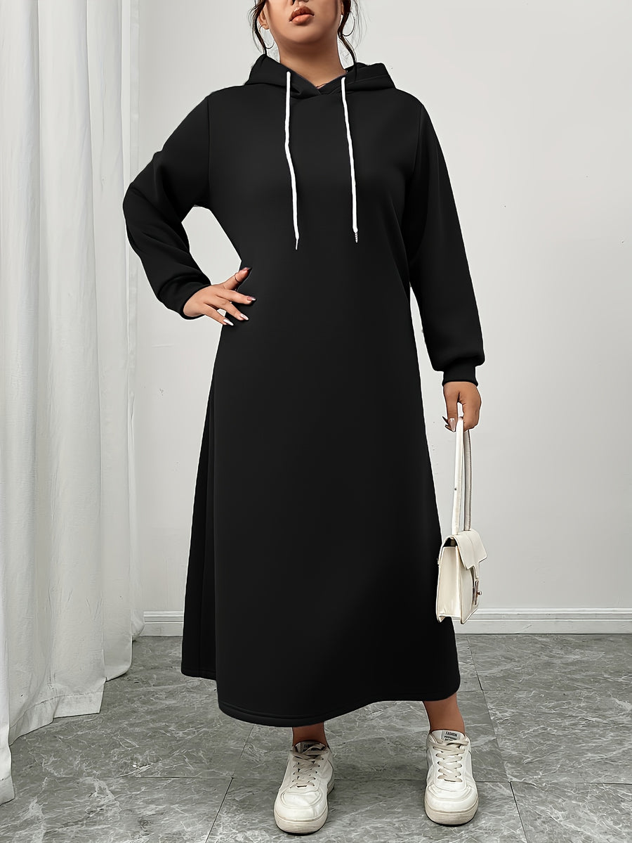 Plus Size - Women'S Autumn And Winter New Style Plus Velvet Thickened Sweatshirt Dress, Women'S Over-The-Knee Long Loose Hooded Dress - Black