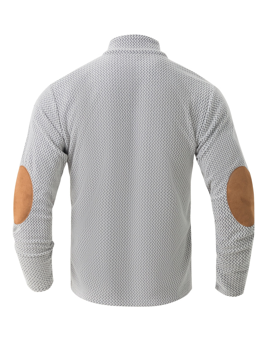 Men's Full-Zip Jacket with Herringbone Patchwork Collar & Stand Collar - Loose Fit Winter Coat, Zippered Outerwear Suitable for Fall/Winter, Machine Washable Warm Jacket for Casual Wear and Layering - Ivory White