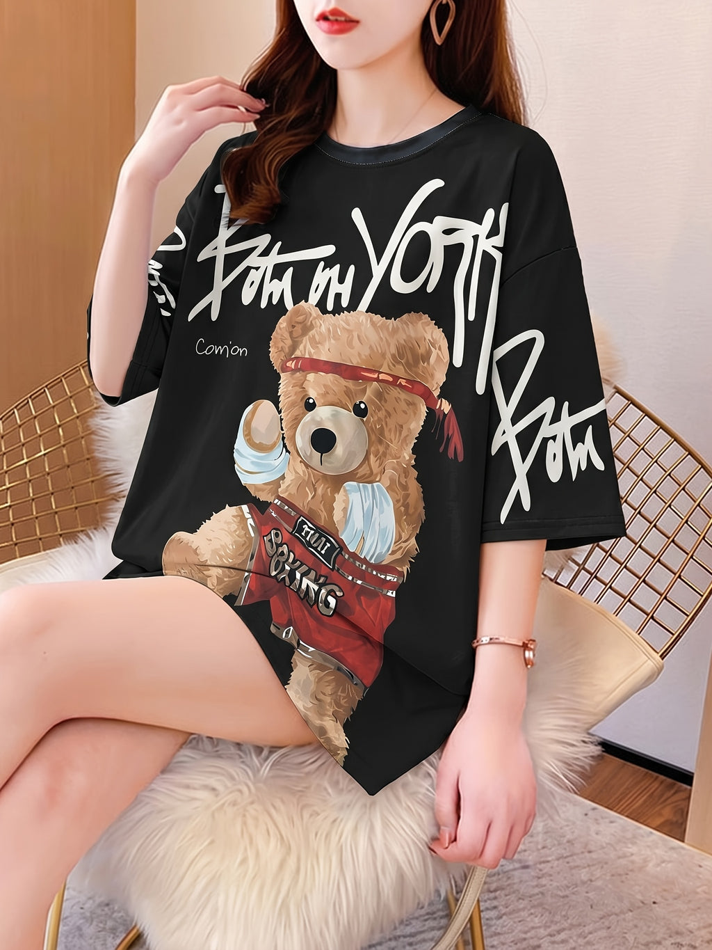 Summer New Fashion Trend Large Size Women'S Slim Loose Medium Long Cartoon Short-Sleeved T-Shirt - Black