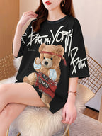 Summer New Fashion Trend Large Size Women'S Slim Loose Medium Long Cartoon Short-Sleeved T-Shirt - Black