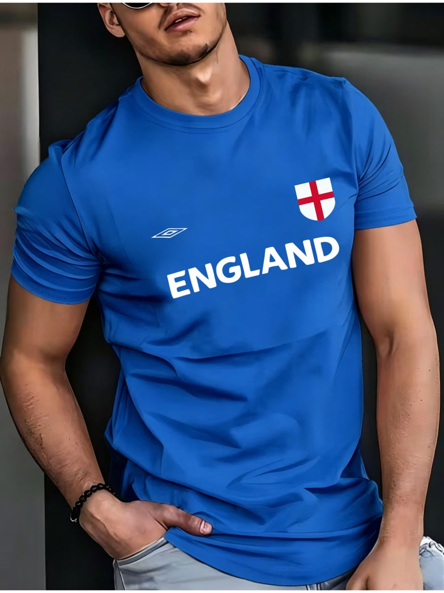 Multi-color ENGLAND Football Style Men's T-Shirt, Crew Neck Printed Casual Style, Lightweight and Breathable for Daily Sports, Versatile, Sizes S-XXXL - Royal Blue