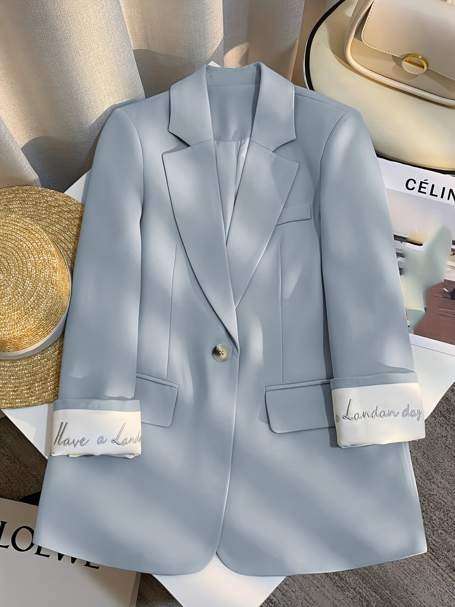 Solid Color Embroidered Blazer for Women, New Korean-Style Fashion for Spring And Autumn 2025, Trendy One-Button Small Suit - Light Blue