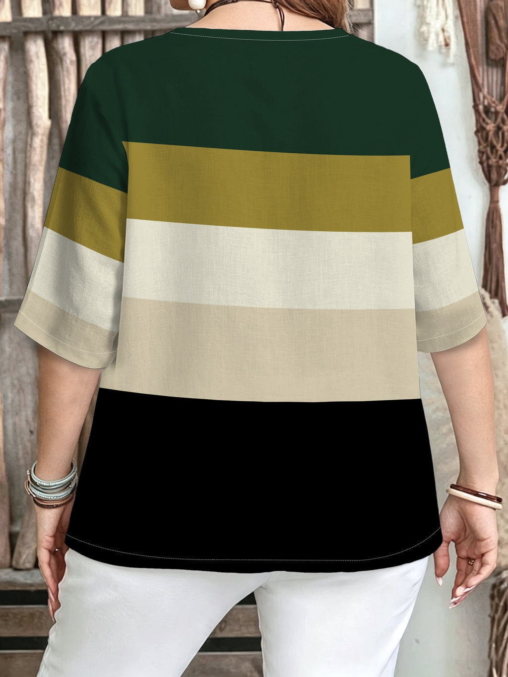 Printed Design – Not Textured. Women's Casual Button-Patch Colorblock V-Neck Three-Quarter Sleeve T-Shirt, a Perfect Gift for. - Mixed Color E
