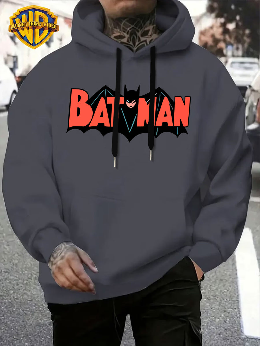 Warner Official Men'S Retro Comic Style Batman Hot-Blooded Trendy Printed Drawstring Hoodie, Warm And Machine Washable for Autumn And Winter, Multifunctional Street Sports And Leisure Loose Edition - Dark Gray