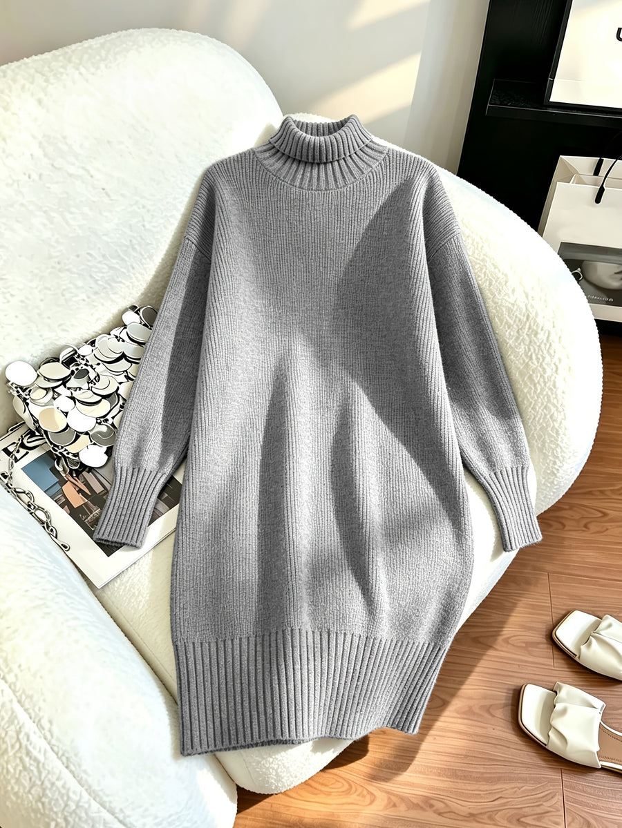 Women's Mid-length Sweater Dress, Korean-style Loose-fit Long Straight-cut Dress That Conceals Curves and Is, Solid-color Outerwear Sweater Dress, Elegant High-neck Base Layer Dress, High-end Winter Sweater Dress - Grey