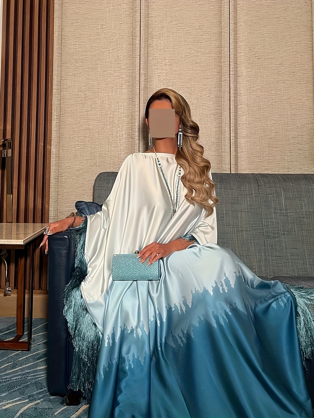Fashionable And Elegant Tie-Dye Tassel Abaya Robe, with Tassel Details, Long Sleeve, Premium Temperament All-Season Wear, Casual Style, Women'S Abaya - Dark Cyan