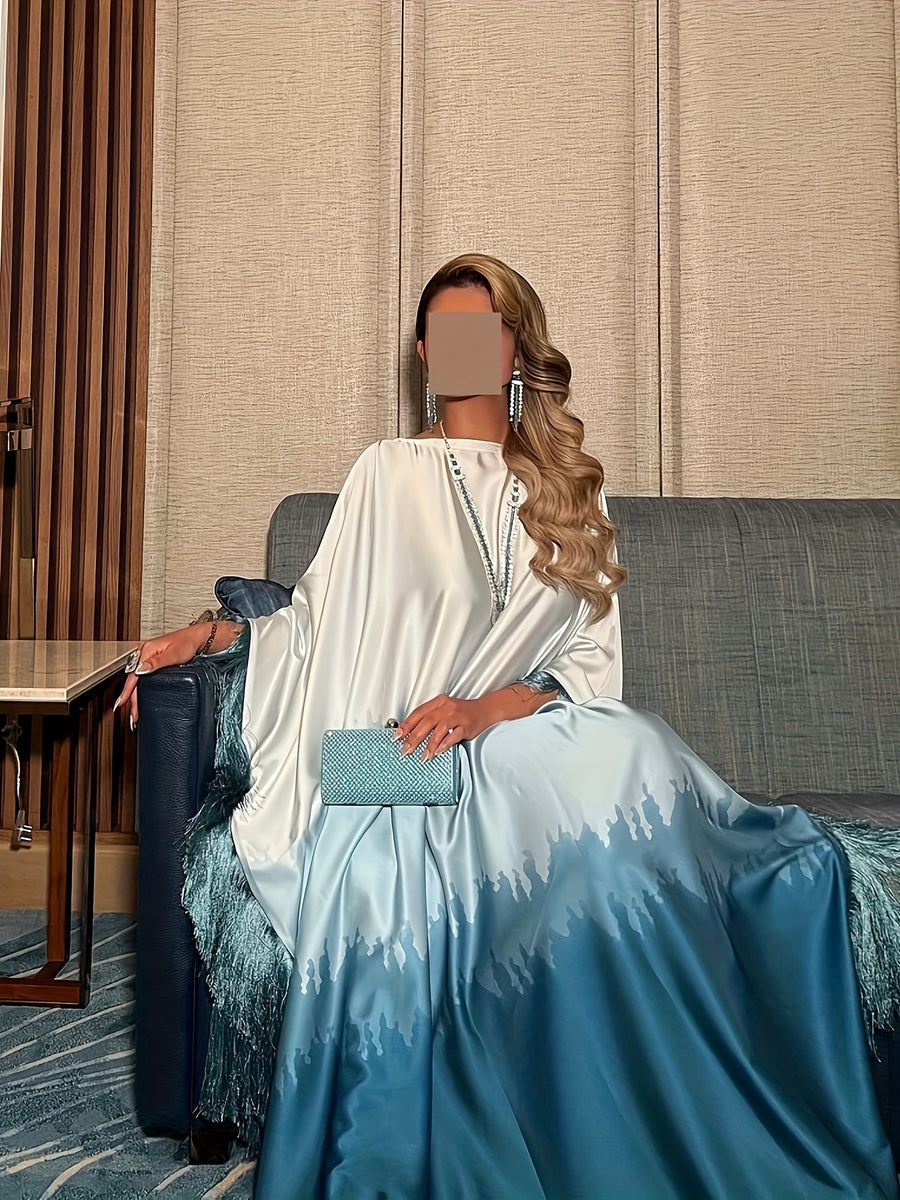 Fashionable And Elegant Tie-Dye Tassel Abaya Robe, with Tassel Details, Long Sleeve, Premium Temperament All-Season Wear, Casual Style, Women'S Abaya - Dark Cyan
