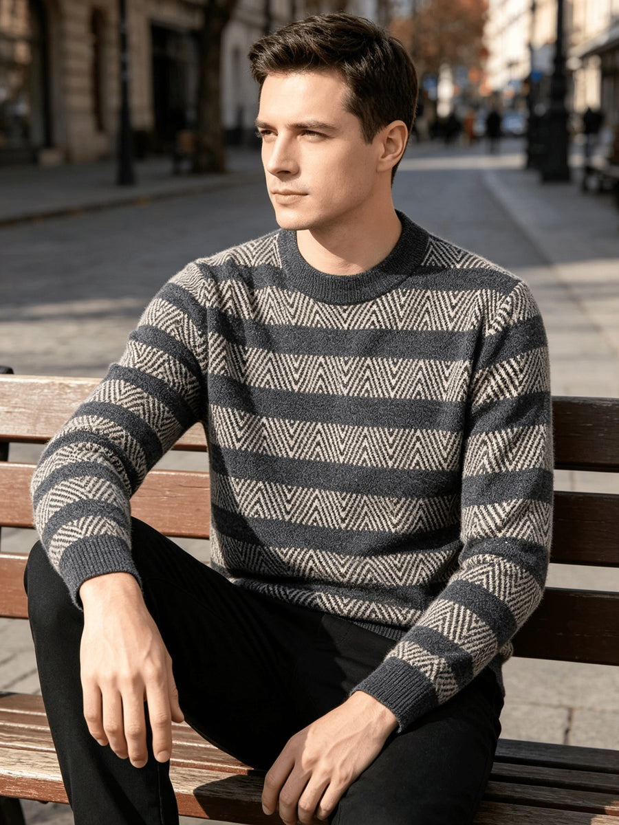 New Fleece Thick Full Body All-In-One Plush Fashion Striped Warm Men'S Top Computer Knit Round Neck Pullover Sweater Winter Warm Comfortable Gift for Husband Family - Grey