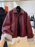 Contrast Sleeve Statement Jacket. Motorcycle Riding Windproof Outerwear - Burgundy