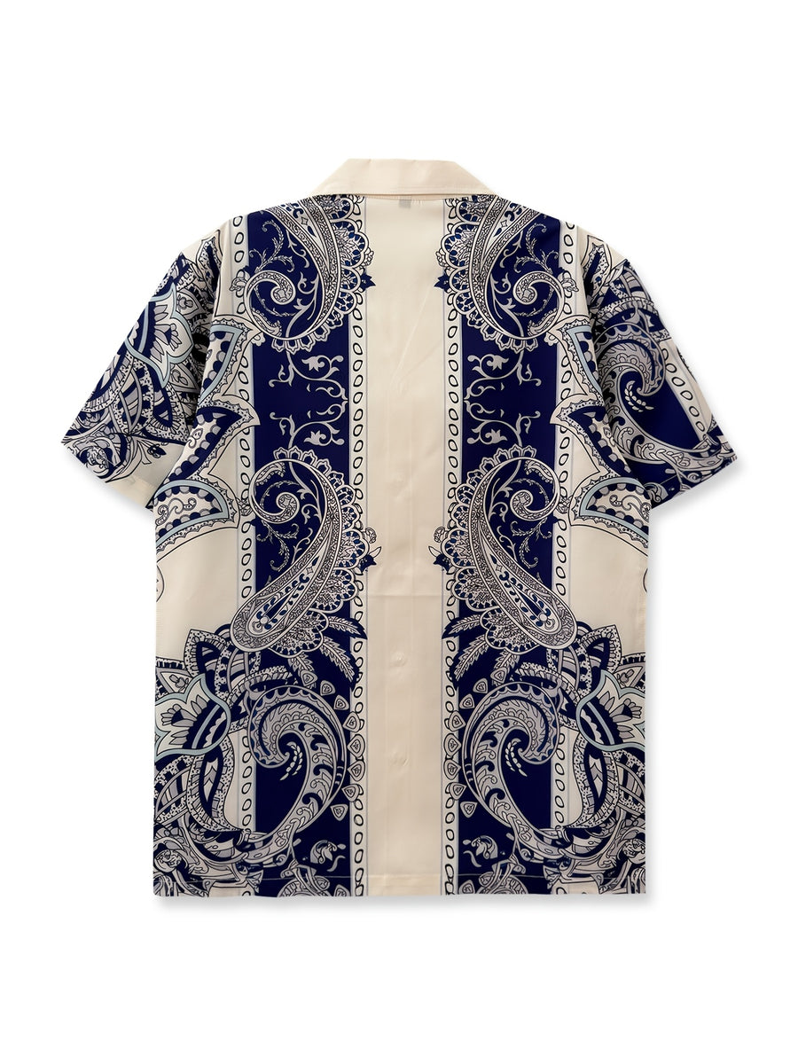 Printed Shirt, West Coast Vintage Paisley Shirt, Hip-hop Street Style, Vintage Classic, Vacation Shirt, Simple and Fashionable, Mature and Elegant, Artistic Design, for Daily Outings, Casual Vacation Shirt, Short Sleeve, Hawaiian Attire - Beige