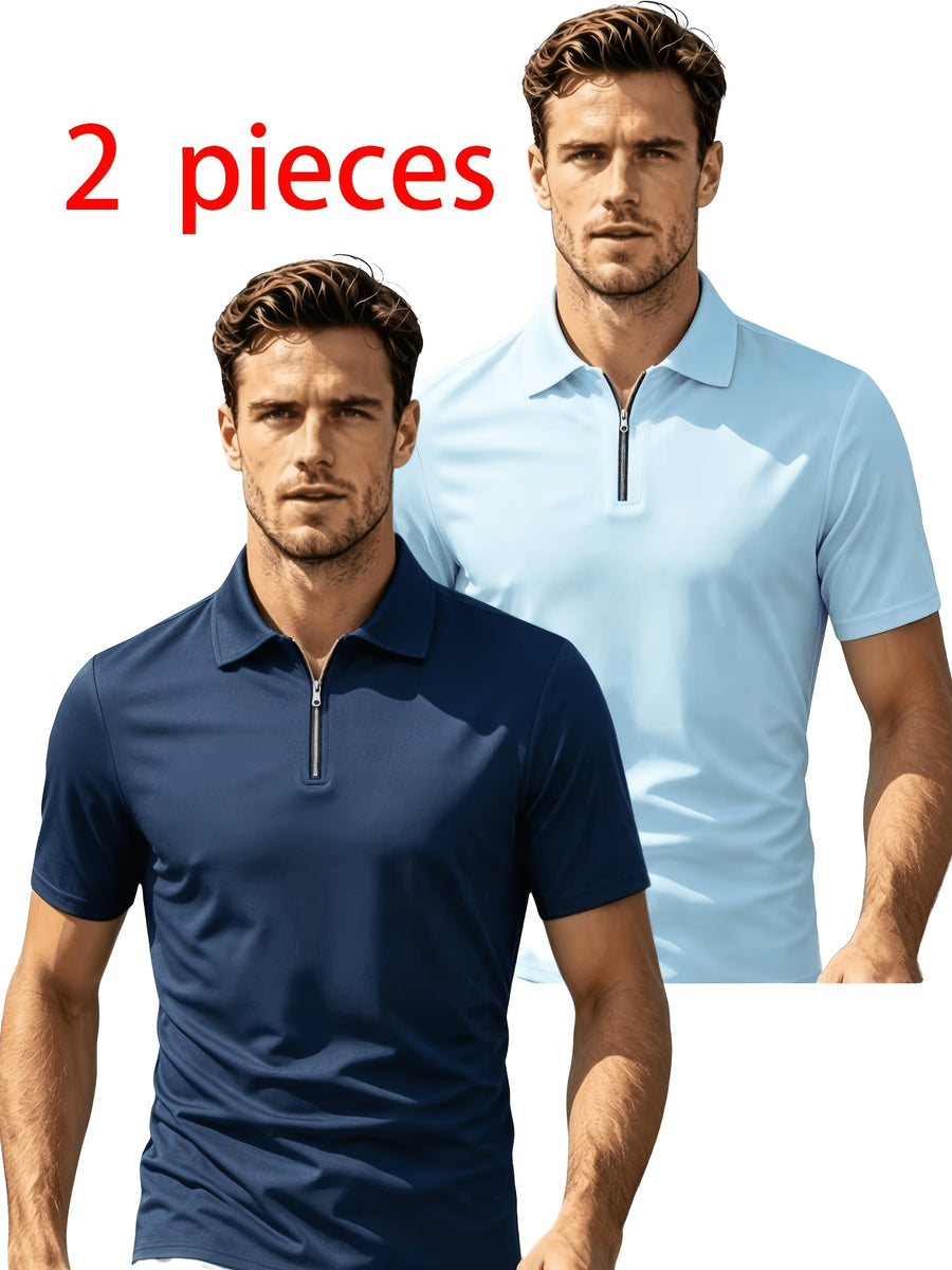 2pcs Men'S Short Sleeve Casual Athletic Polo Shirt Set, Zipper Collar, Comfortable And Breathable, Original Design - Navy blue plus light blue