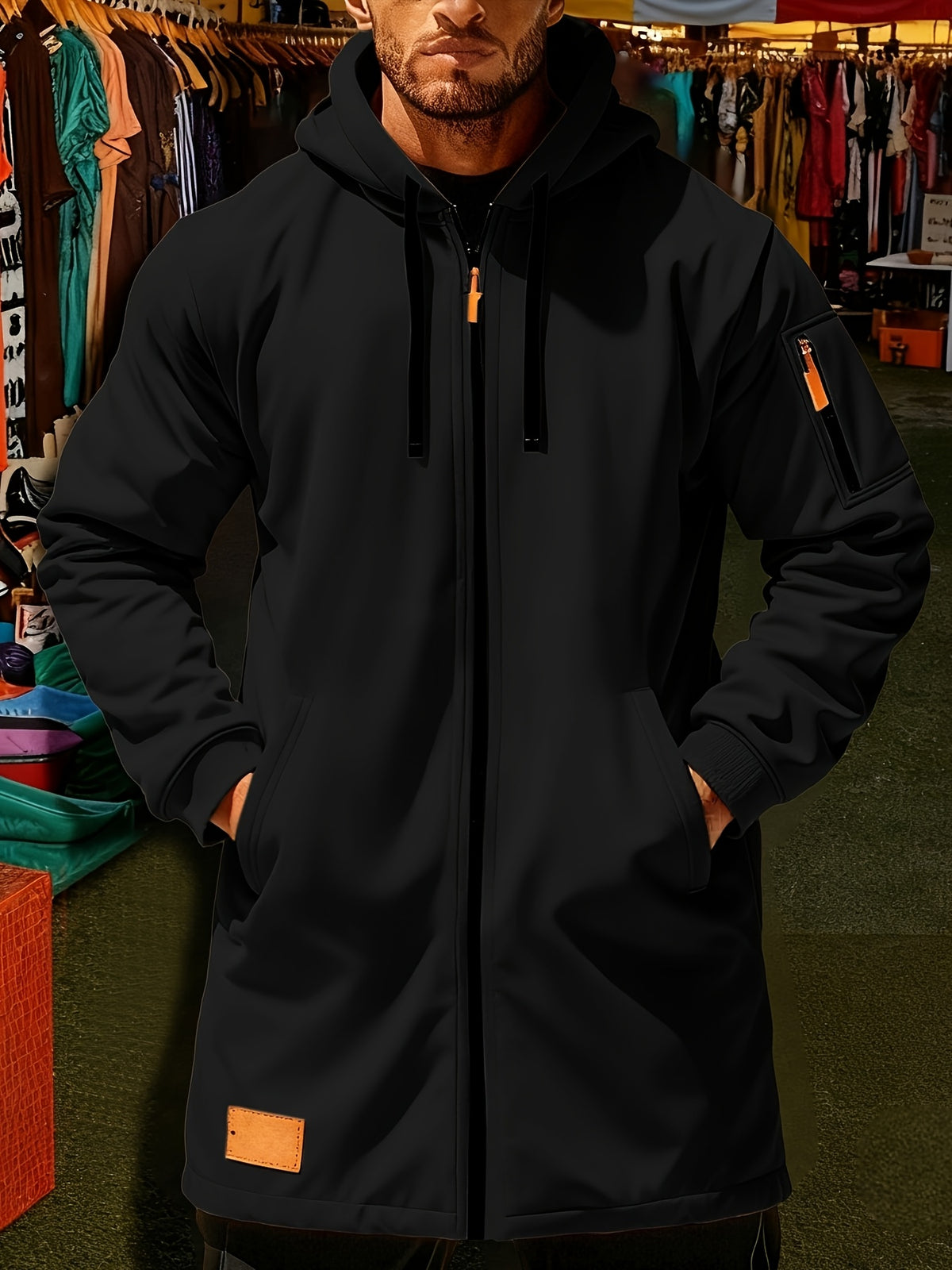 New Men's Casual Sports Sweatshirt and Hooded Long Knitted Jacket, Featuring a Multi-pocket Style. The Overall Fit Is Loose and Elegant. Fashionable Outdoor Casual Sweatshirt, Long-sleeved Cardigan, Hooded Design, Winter Clothes for Men - Black