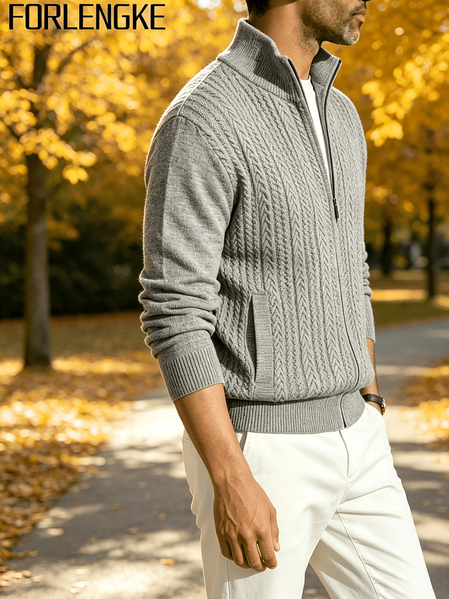 FORLENGKE Men'S Business Casual Stand Zip Cable Knit Cardigan, Soft Warm Long Sleeve Knitted Jacket for Fall Winter Office Daily Wear - Light Grey