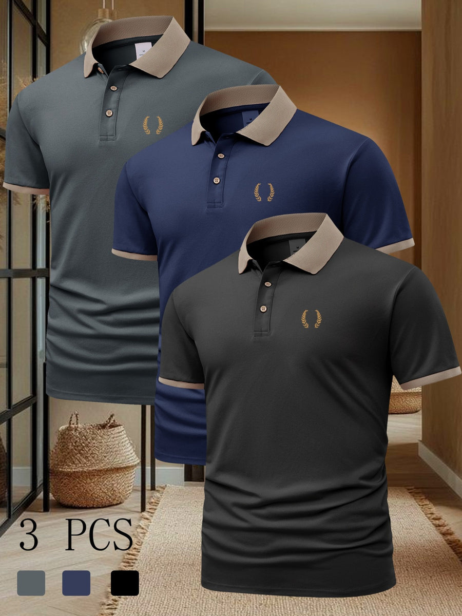 FC660 Wheat Print Pattern 3pcs Set Summer Men'S Casual Short-Sleeved POLO Shirt Lapel Top Fashion Casual Daily Business Top - Gray+navy+black