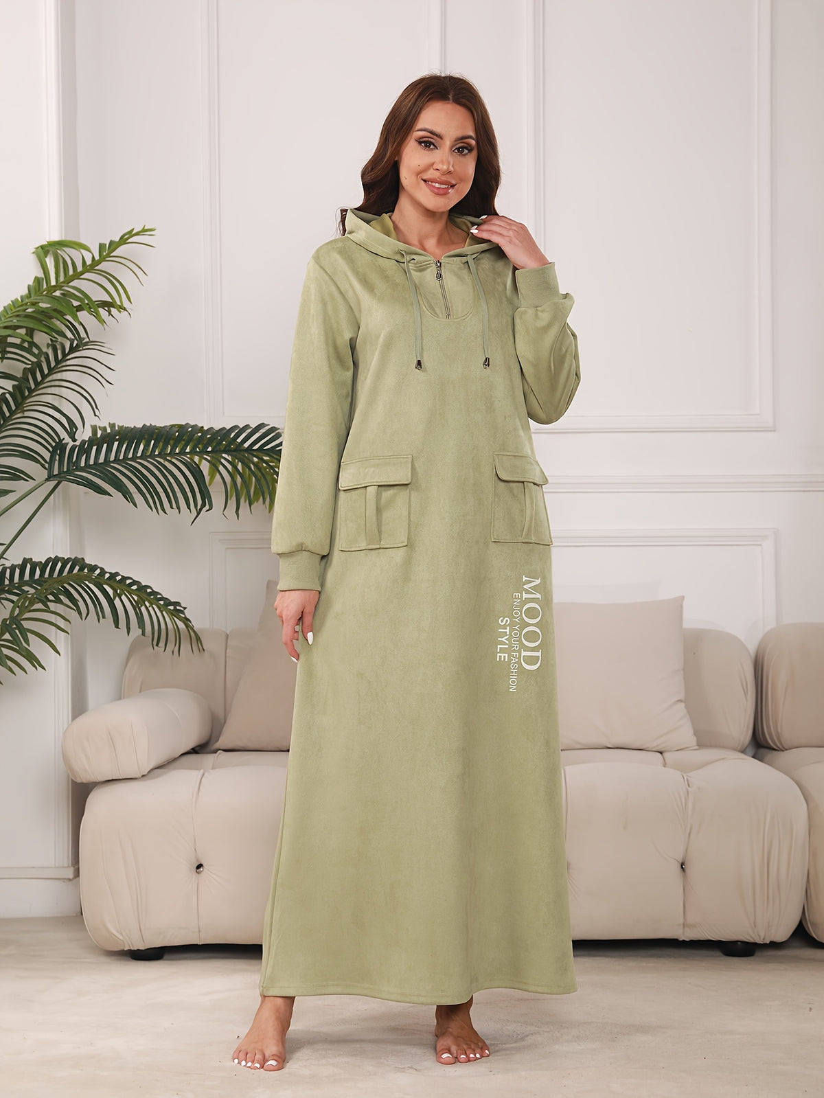 Directional Zipper Neckline Hooded Pocket Long Sleeve Casual Matcha-Colored Dress, Jalabiya 2026 Autumn Winter Women'S Holiday Party Dress, Vacation Wear, Exotic Style Attire, Women'S Soft And Elegant Outfit - Matcha Color