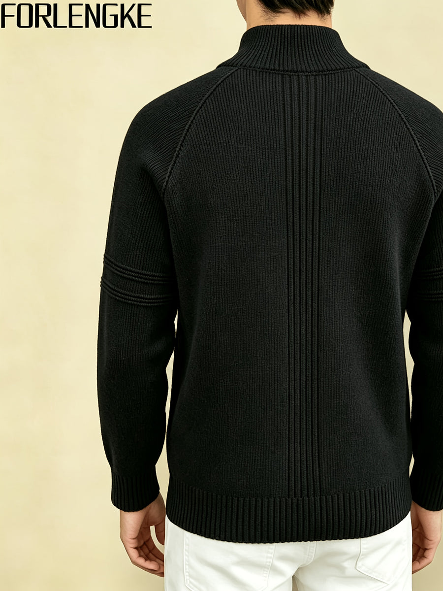 FORLENGKE Autumn and Winter Men's Half-Turtleneck Half-Zip Sweater with 3D Cut and Textured Knit, Metal Half-Zip Stand Collar, Simple Solid Design, Commuter and Casual Wear, Men's Autumn and Winter Base Knit Pullover - Black