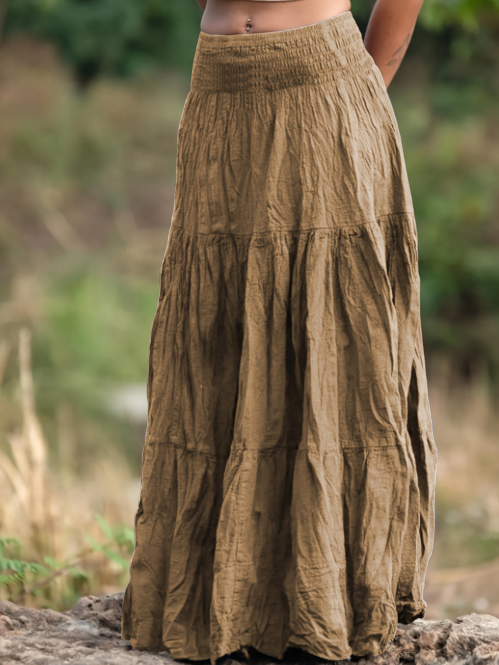 Women's Casual Western-Style Long Pleated Skirt with Drawstring Waist, Multi-Layer Texture for Vacation, Leisure, and Daily Wear - Bronze