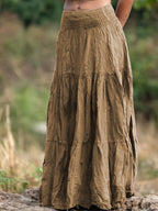 Women's Casual Western-Style Long Pleated Skirt with Drawstring Waist, Multi-Layer Texture for Vacation, Leisure, and Daily Wear - Bronze