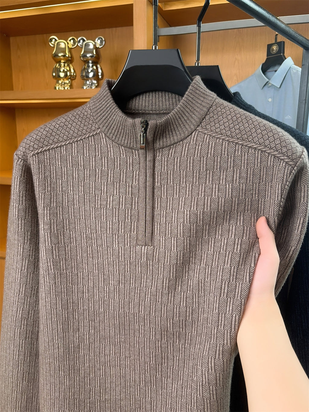 Autumn Winter Knit 3D Solid Round Neck Half-Zip Sweater, Basic Knit Pullover Top for Men, Fashionable Long Sleeve HJ - Camel
