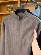 Autumn Winter Knit 3D Solid Round Neck Half-Zip Sweater, Basic Knit Pullover Top for Men, Fashionable Long Sleeve HJ - Camel