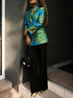 Women'S Elegant Natural X-Print Blazer Lapel Suitable for Social Events And Commuting - Peacock Blue