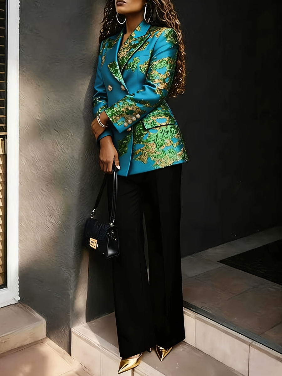 Women'S Elegant Natural X-Print Blazer Lapel Suitable for Social Events And Commuting - Peacock Blue