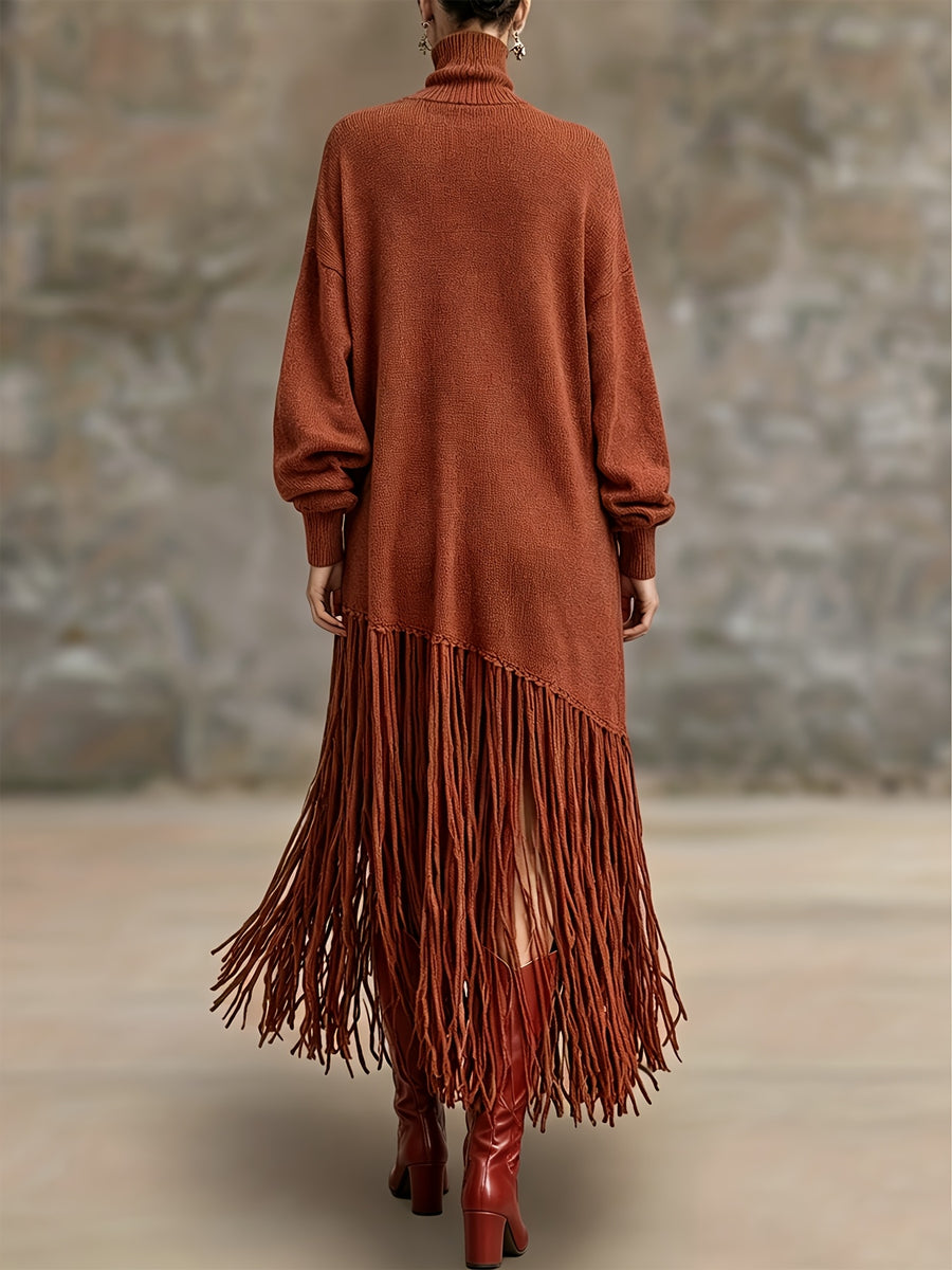 Women's Autumn New Arrival Bohemian Elegant Fringe Patchwork Hem Design St. Patrick's Day Natural Style Easter Atmosphere Vacation Knee-Length Dress - Red-brown