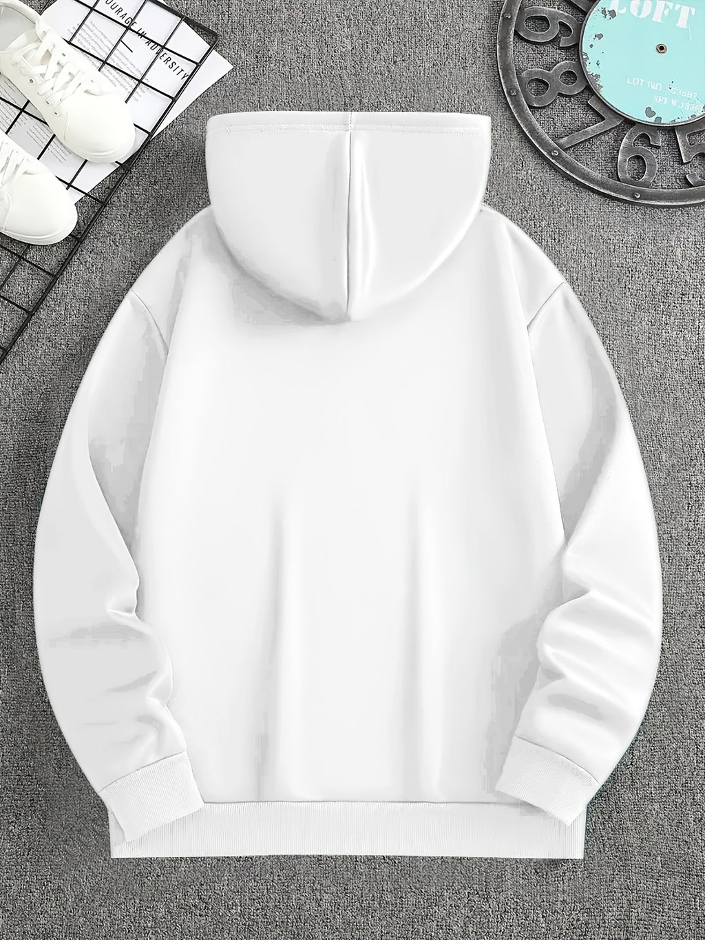 Minimalist Style Boston Letter Print Men'S Hooded Sweatshirt Regular Fit, Casual Long Sleeve Pullover - White