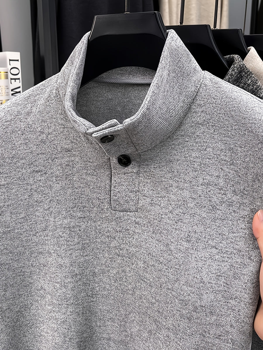 Men's Floral Yarn Stand Collar Long Sleeve Top, Multi-Color Options for Autumn, Half-Button Pullover Base Layer, Fine, Skin-Friendly, and Comfortable Fabric, Suitable for Business Commuting and Business Trips, Loose and Casual Men's Wear for Fishing - Light Grey