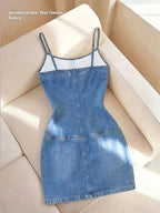 [Printed Dress - Not Faux Denim Fabric]Women'S Faux Denim Effect Printed Cami Mini Dress - Sea Blue