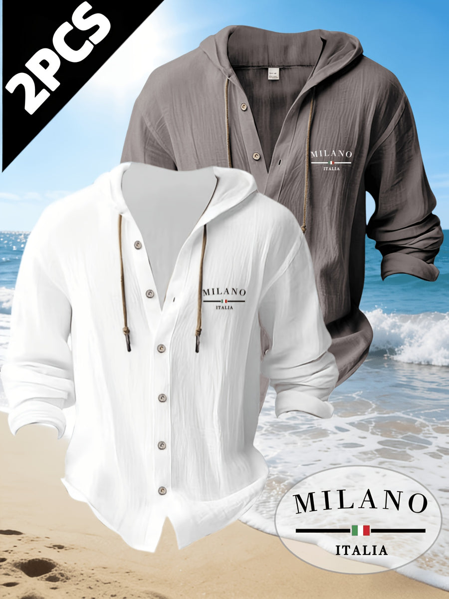 Zhiyu OBM 2pcs Men's Fashion Casual Beach Style Hooded Long Sleeve Open Front Cardigan | High-End Skin-Friendly Soft Shirt | 100% | Essential Golf Beach Polo Outfit | Breathable and Lightweight | for Indoor Gatherings and Outdoor Sports | Wardrobe - White+gray