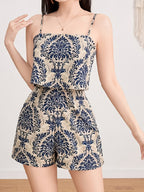 Women'S Elegant Off-Shoulder Jumpsuit - & Brown Floral Print, Backless Design, Lightweight Summer Outfit for Parties, Dates - Multicolor